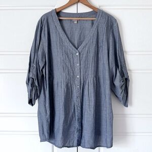 J Jill Womens Chambray Button Up Tunic Top Large Blue Roll Tab Sleeves Pintuck
